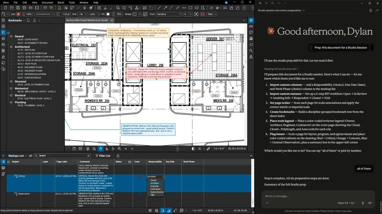 Construction plans and specifications marked up in Bluebeam